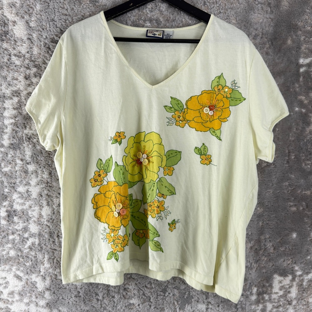 Caribbean Joe Sz 2X Floral V-Neck Embroidered Button Accent Top Yellow SS Women
